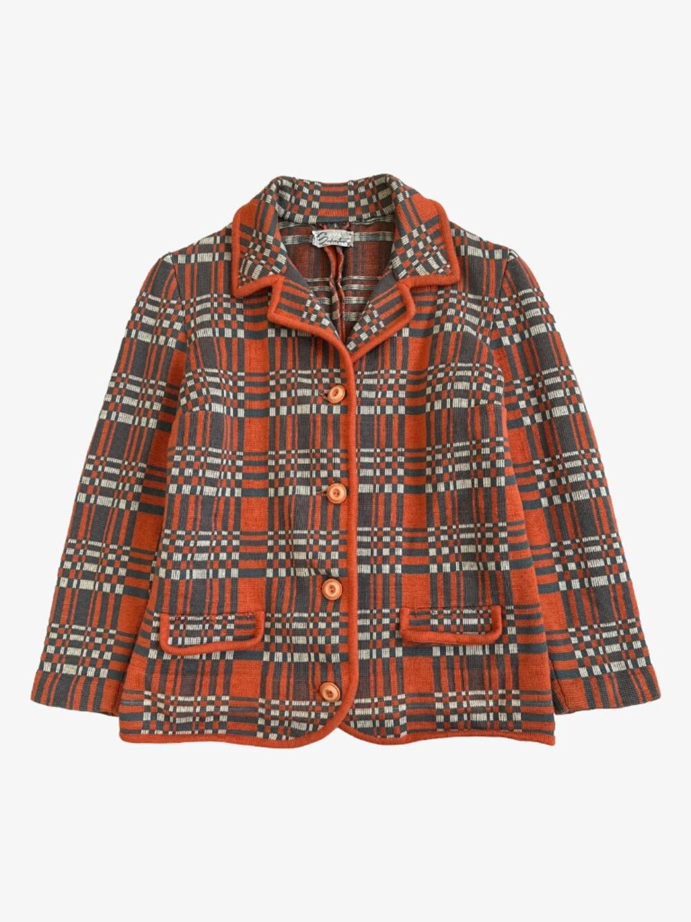 Vintage 60's Orange Grid Pattern Button-Up Wool Jacket by Sebastian